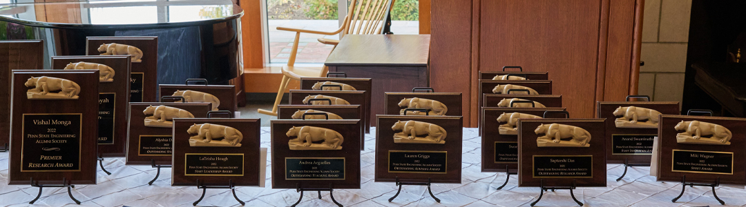 multiple awards sit on a table