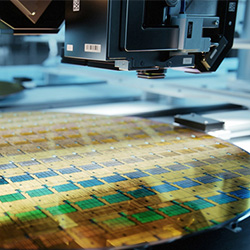 silicon wafer of microchips on production line